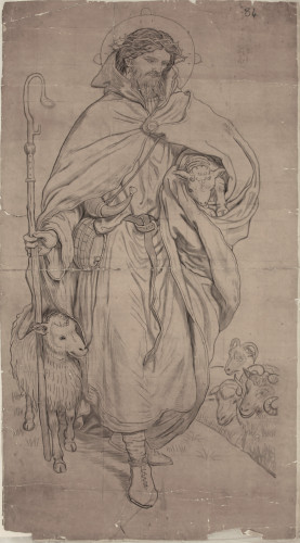 A robed man with a crown of thorns carries a lamb under one arms and walks beside another.