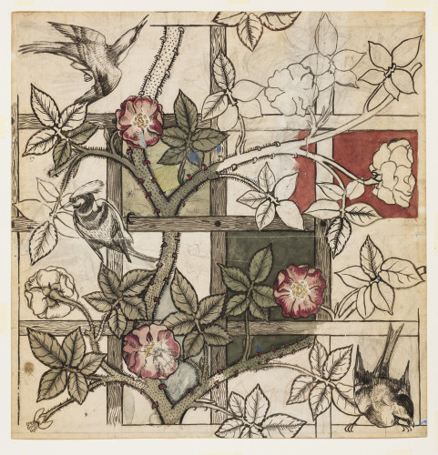 A gridded design showing a rose trellis with birds, insects and different coloured backgrounds