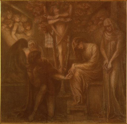 Chalk drawing of a man on bended knee infront of woman, surrounded by other figures