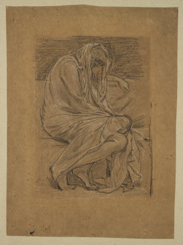 Chalk study on brown paper of a huddled woman wrapped in a piece of fabric.