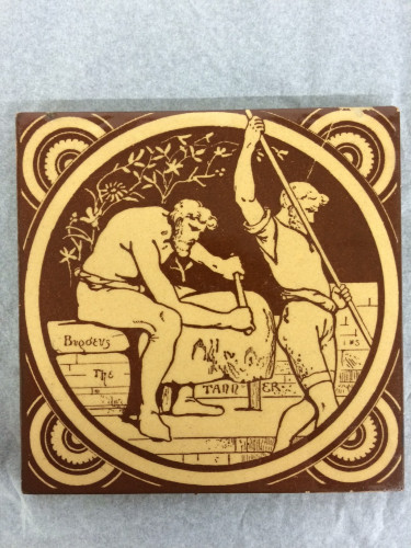 yellow and brown tile showing two men, one seated with hide