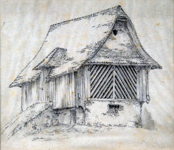 A rough drawing of a wooden chalet