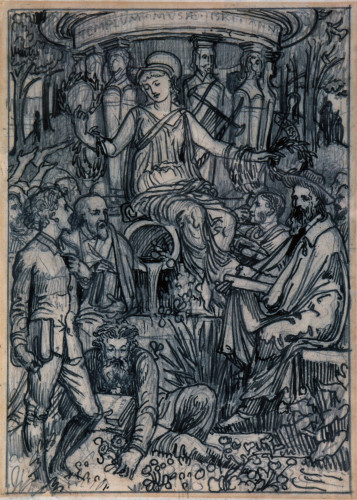 Pencil sketch of a group of men gathered round a statue