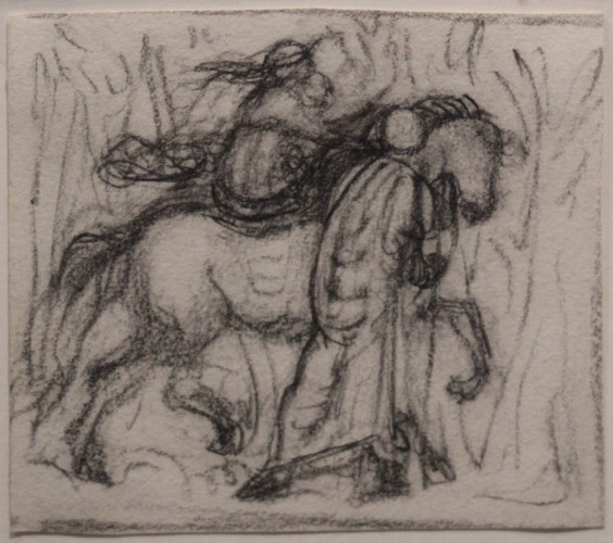 A rough pencil drawing of a woman and a child on a horse being led by a man