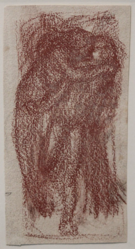 A red chalk drawing of two figures, one of them is emerging from a tree trunk