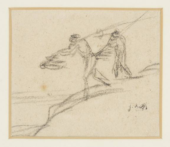 Rough sketch in pencil of two men carrying long poles on cream/off white paper.