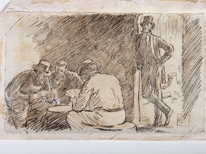 group of men playing cards at table while another looks on