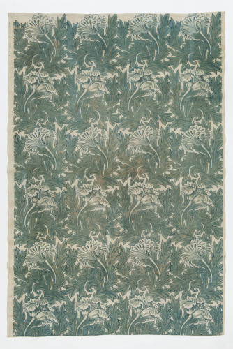 Repeating floral pattern in green-blue on a pale background