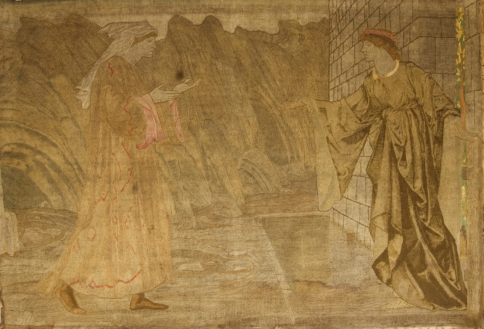 Embroidery of a figure of a pilgrim approaching a doorway