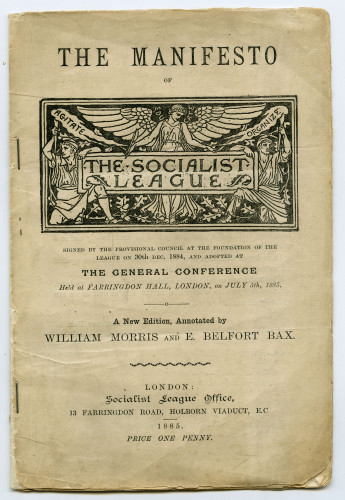 The cover of a socialist pamphlet showing the Socialist League logo, address and key members including William Morris.