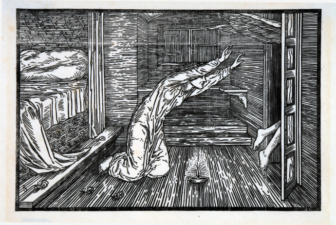 Woodcut of an ascending figure