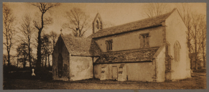 Platinum print of a stone church