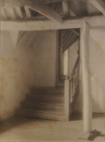 Platinum print of an attic doorway and stairs