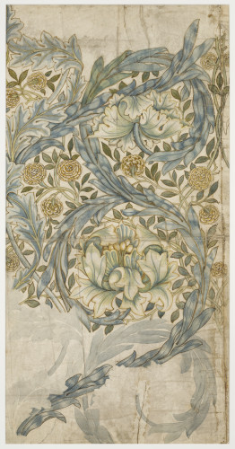 A pencil and watercolour design in blues, yellows and greens of scrolling leaves and flowers.